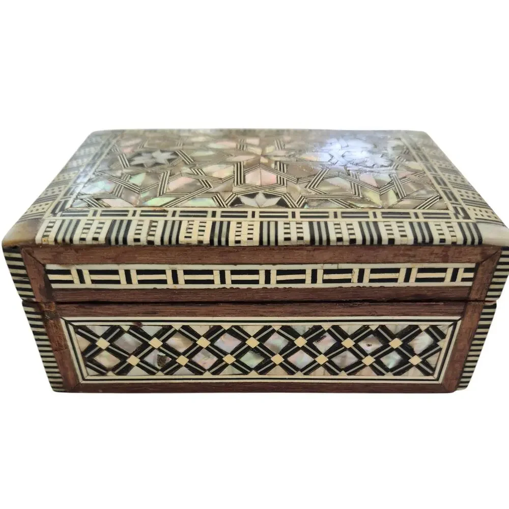 Vintage Wood & Mother of Pearl Inlaid Mosaic Box Trinket Jewelry Catchall Small